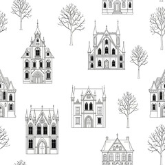 Naklejka premium Seamless pattern with gothic houses and trees.