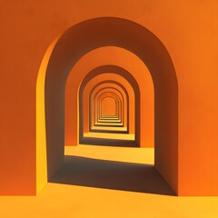Fototapeta premium Arched Orange Corridor with Repeating Archways and Strong Shadows