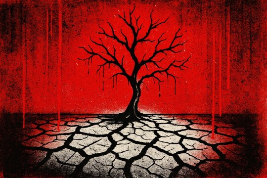 Graffiti dead tree cracked ground. Use for climate crisis, drought awareness, environmental activism and global warming campaigns.
