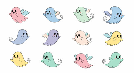 Collection of Hand Drawn Cartoon Flying Ghost Characters with Wings in Pastel Colors