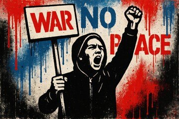 Anti-war peace activist protest for humanitarian campaigns, conflict resolution content, peace organization materials and social justice advocacy