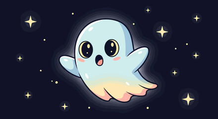 Cute hand drawn cartoon flying ghost with big eyes in the starry night sky, adorable and friendly spirit illustration