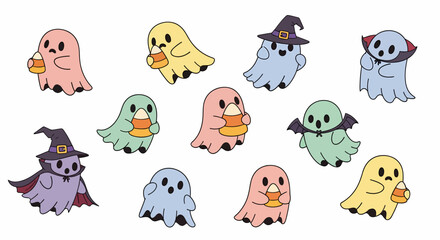 A charming collection of hand drawn cartoon flying ghost characters celebrating Halloween with candy corn, perfect for festive party invitations and decorations