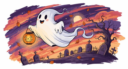 Hand Drawn Cartoon Flying Ghost with Pumpkin Lantern in a Halloween Graveyard Scene