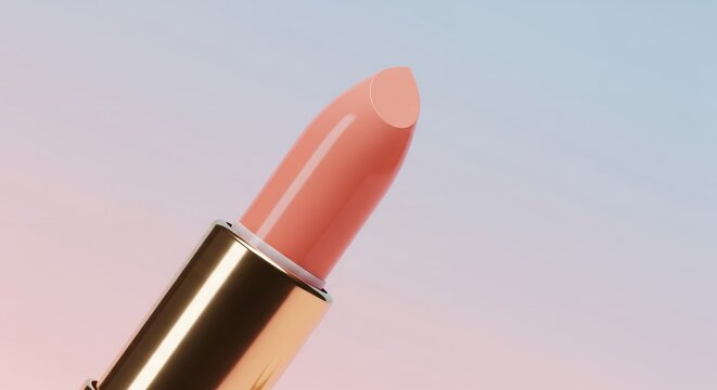 Close-up of a Peach Lipstick with Gold Casing on a Gradient Background