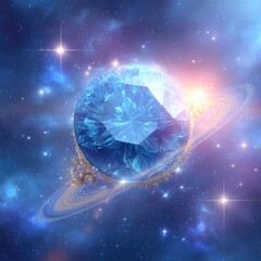 Obraz premium A stunningly beautiful, celestial diamond planet, exquisitely detailed, with a golden ring circling it in the vast, star-studded space, exudes a magical and ethereal aura.