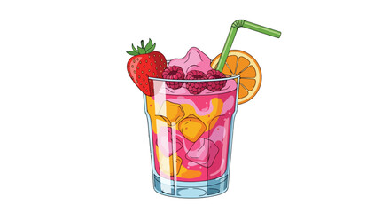 Vibrant Summer Fruit Juice Glass with Fresh Strawberry Blackberry Orange Slice and Pink Drink