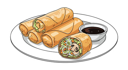 Delicious Chinese Spring Rolls Served with Soy Dipping Sauce on a White Plate