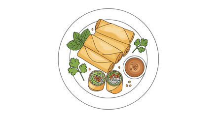 Freshly Prepared Vegetarian Spring Rolls with Dipping Sauce Garnished with Herbs and Vegetables on a White Plate