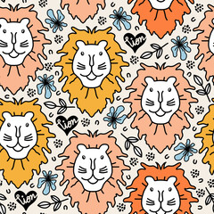 Cute face lion for kids and baby, nursery poster for baby room, greeting cards, childish seamless pattern. Hand drawn Scandinavian style, vector illustration.