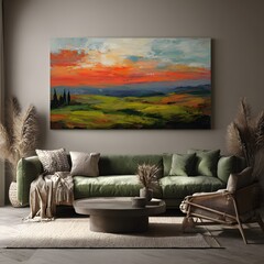 Abstract Landscape Painting Over Green Sofa in Neutral Room Interior