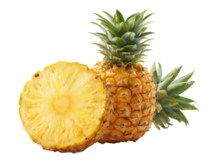 Two pineapples, one whole, one halved, displaying bright yellow flesh.  Green leafy crown on top.  Isolated on black background
