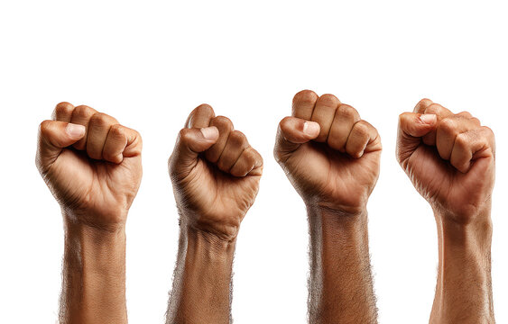 Four clenched fists raised against a black background - Powered by Adobe