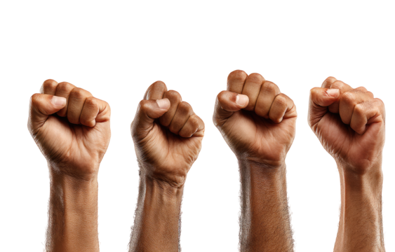 Four clenched fists raised against a black background