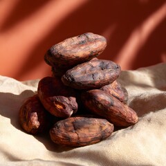 Pile of Dark Brown Cocoa Beans on Light Beige Cloth Under Shadow