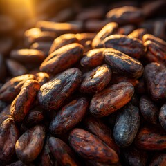 Pile of Brown Cacao Beans Texture Rich Surface with Golden Light