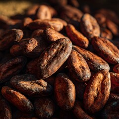 Pile of Rich Brown Cacao Beans Close Up Food Background