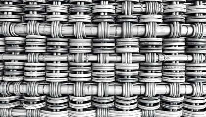 Black and white seamless pattern of woven rattan, cane, and bamboo basketwork texture, shadow, black