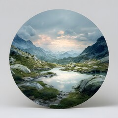 Mountain Lake Reflecting Cloudy Sky, Green Mossy Rocks Landscape Scenery