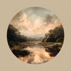 Calm River Reflecting Clouds in Forest, Circular Landscape Art
