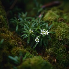 Delicate White Flowers Growing on Green Mossy Bed Close Up