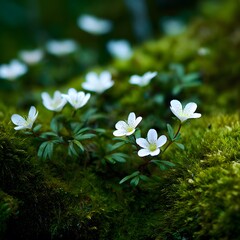 Delicate White Flowers Blooming on Vibrant Green Moss in Forest