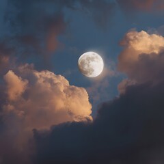 Full Moon Glowing Between Colorful Clouds in Twilight Sky