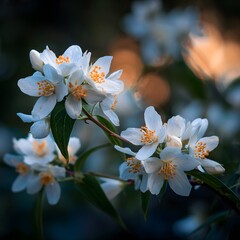 Delicate White Flowers Blooming with Orange Stamens on Branch
