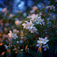 White Flower Blooming on Bush with Bokeh Background in Golden Light