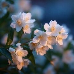 White Flowers Blooming Delicate Floral Blossoms Against Soft Blue Background