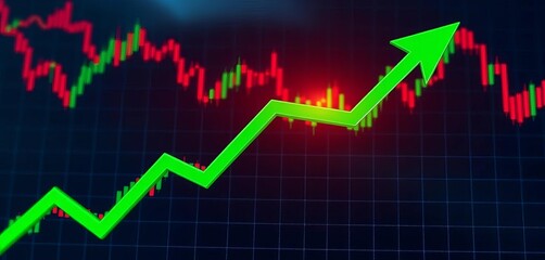Naklejka premium Green arrow pointing up on a black financial chart background, finance, profit