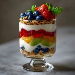 Colorful Fruit Parfait Glass with Yogurt and Granola on Marble Table