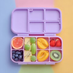 Colorful Lunchbox with Healthy Fruit Snacks on Pastel Background
