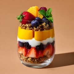 Colorful Fruit Parfait with Granola and Yogurt in Glass Cup on Tan Background