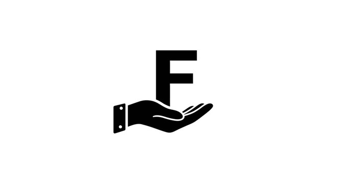 Symbolic hand icon holding the letter F. Minimalist graphic design for branding, finance, or foundation