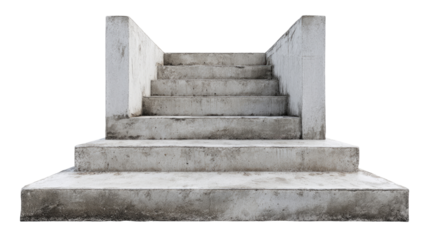 Concrete stairs, a weathered gray stairway leading upward, enclosed by low walls, isolated on black background