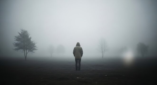 A hooded figure standing in a hazy field evokes solitude, mystery and contemplation beneath the mist