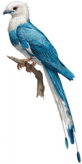 Naklejka premium A detailed illustration of a vibrant blue and white bird perched on a branch, showcasing intricate feather details against a plain white background.