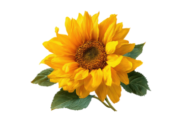 Close-up of a vibrant yellow sunflower, with detailed petals and a dark-centered disc.  Green leaves complement the flower