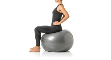 Woman sitting on a gray exercise ball, hands on hips, wearing athletic clothing.