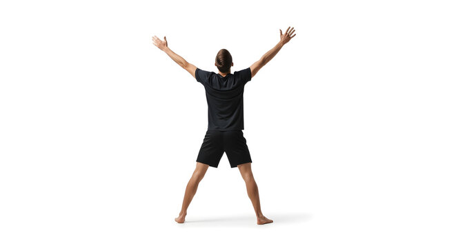 Rear view of a person standing with arms and legs spread wide in an X-shape against a clean white background.