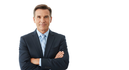 A confident businessman in a dark suit and light blue tie stands with his arms crossed against a white background.