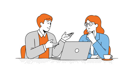 Engaged professionals collaborate on laptop, discussing ideas over coffee in modern meeting space