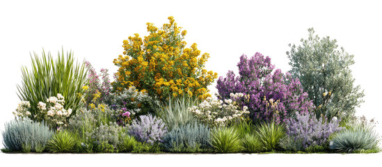 Colorful, layered garden bed with various shrubs and grasses