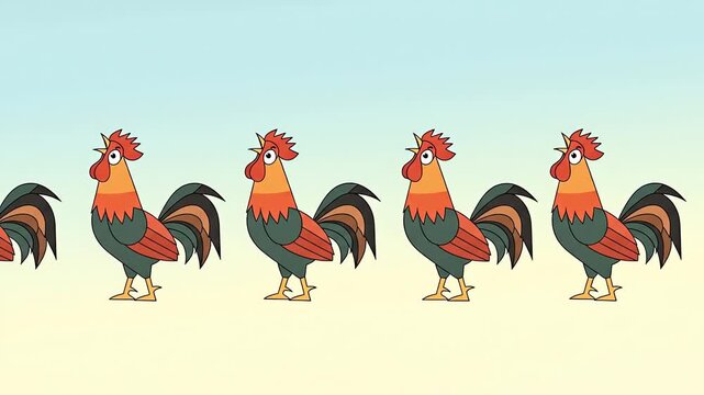 Cartoon Roosters Crowing in a Row Animated Background.