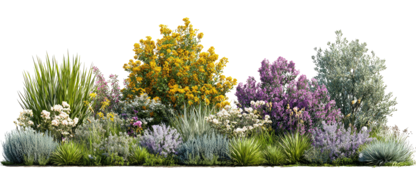 Colorful, layered garden bed with various shrubs and grasses