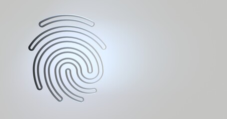 Ilustração 3D minimalista de impressão digital metálica/cinza sobre fundo claro com leve brilho ao centro e amplo espaço para texto. Conceito de segurança digital, biometria, login e proteção de dados © Mirella
