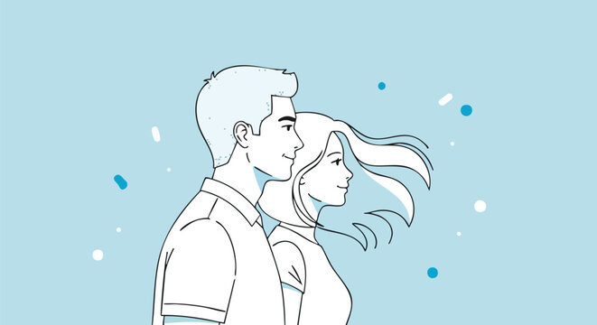 Joyful couple smiles looking forward together, symbolizing shared future and optimism