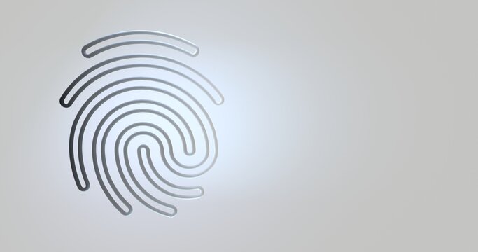 Ilustra&ccedil;&atilde;o 3D minimalista de impress&atilde;o digital met&aacute;lica/cinza sobre fundo claro com leve brilho ao centro e amplo espa&ccedil;o para texto. Conceito de seguran&ccedil;a digital, biometria, login e prote&ccedil;&atilde;o de dados