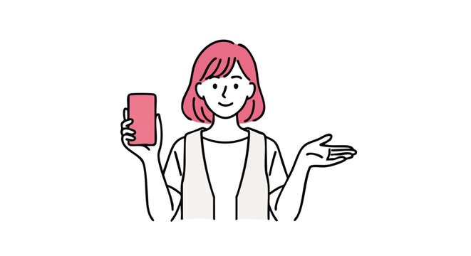 Smiling woman presents new app feature on smartphone, inviting engagement with open hand gesture.